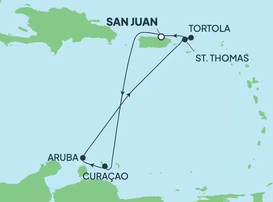 Carte itinéraire 7-Day Caribbean Round-Trip San Juan: Curacao & Tortola