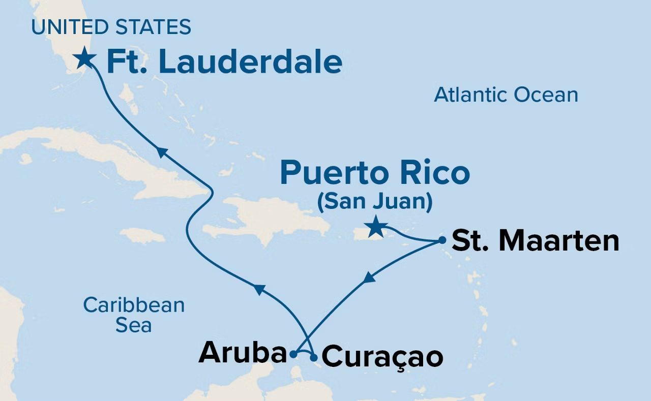 Carte itinéraire 7-Day Southern Caribbean with Aruba (San Juan à Fort Lauderdale)