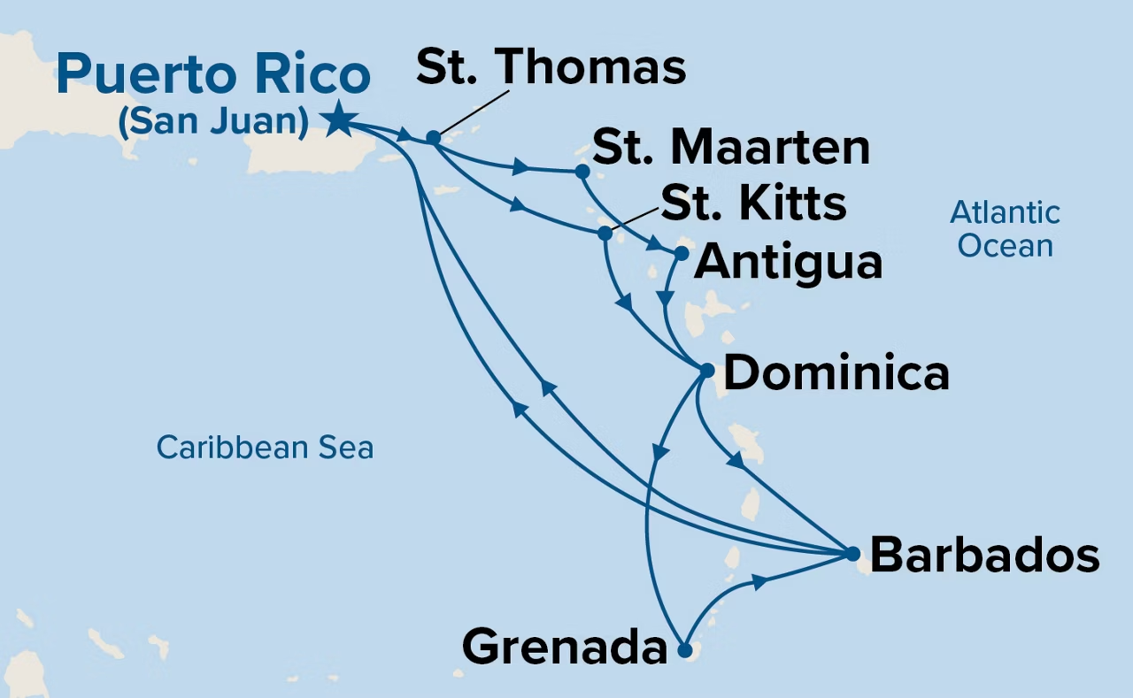 Carte itinéraire 7-Day Southern Caribbean Adventurer (Princess Plus)